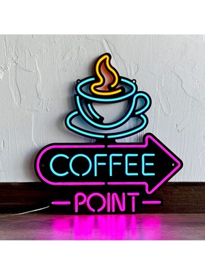 Neon Coffee Point (Kafe) Duvar Dekoru, Tablosu - Metal Üzerine Neon (Led) Duvar Panosu | 38 x 41  cm