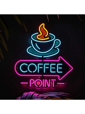 Neon Coffee Point (Kafe) Duvar Dekoru, Tablosu - Metal Üzerine Neon (Led) Duvar Panosu | 38 x 41  cm