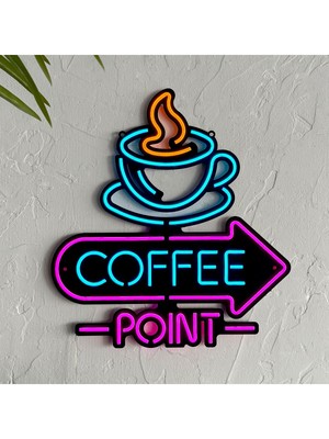 Neon Coffee Point (Kafe) Duvar Dekoru, Tablosu - Metal Üzerine Neon (Led) Duvar Panosu | 38 x 41  cm