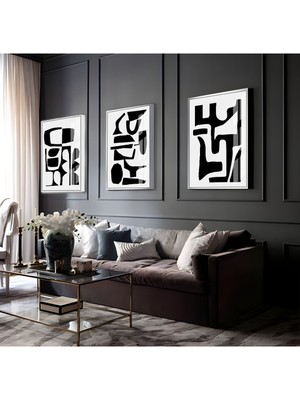 Harikabirev Beyaz-Siyah Soyut Abstract Kombini 07 |Çerçeveli Cam Tablo 3lü Dikey