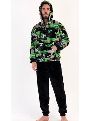 Erkek Uzun Kol Welsoft Kapüşonlu Siyah Pijama Takım C9T7N0O403