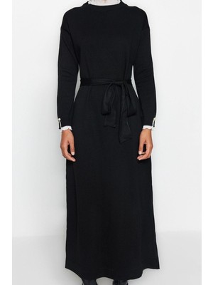 Ersefa Moda Regular Casual Günlük Pike Triko Dik Yaka Uzun Kol Shift Maxi Boy Tesettür Elbise