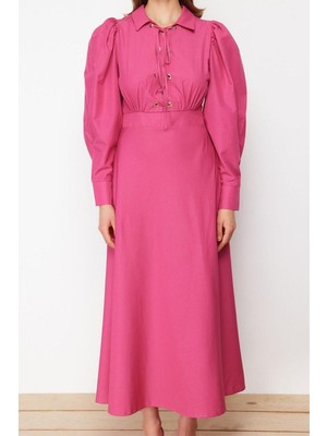 Moda Regular Casual Günlük Poplin Dokuma Gömlek Yaka Uzun Kol A-Line Maxi Boy Tesettür Elbise