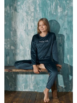 Cotonhause Kız Çocuk Uzun Kol Kadife Petrol Pijama Takım C2T0N9O31-11