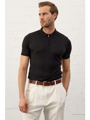 Danger Erkek Slim-Fit Kalıp Polo Yaka Yazlık Triko T-Shirt Siyah - 5006DNGR