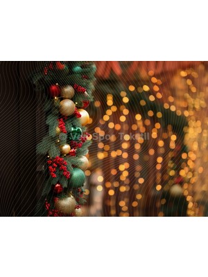 Venspor Noel Süsleri ve Işıklarla Bezenmiş Çelenk Temalı 200 x 150 cm Stüdyo Fonu Arka Plan