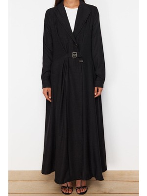 Ersefa Moda Regular Günlük Keten Görünümlü Dokuma Ceket Yaka Uzun Kol A-Line Maxi Boy Tesettür Elbise