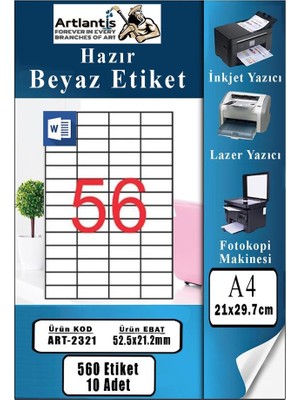 Artlantis A4 Hazır Etiket 52.5X21.2 mm 10 Sayfa 1 Paket 56 Lı Kendinden Yapışkanlı Fotokopi Lazer Inkjet Kağıdı Yazıcılar Için Uyumlu