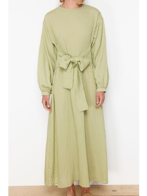 Ersefa Moda Regular Casual Günlük Crinkle Dokuma Bisiklet Yaka Uzun Kol Shift Maxi Boy Tesettür Elbise