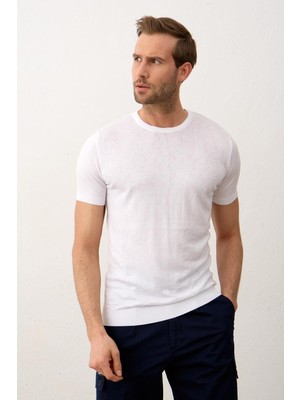 Danger Erkek Modelli Bisiklet Yaka Slim-Fit Kalıp Yazlık Triko T-Shirt Beyaz - 5016DNGR