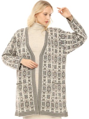 Kadın Otantik Model Kilim  Desenli Cep Detaylı Oversize Kalın Triko Hırka