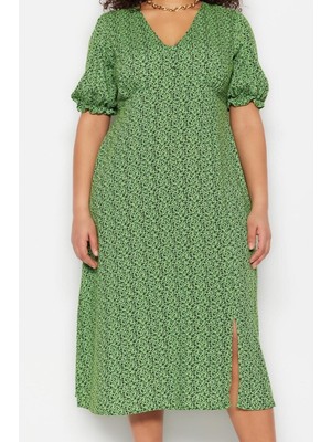 Ersefa Moda Rahat Casual Günlük Shally Dokuma V Yaka Kısa Kol A-Line Midi Boy Büyük Beden Elbise