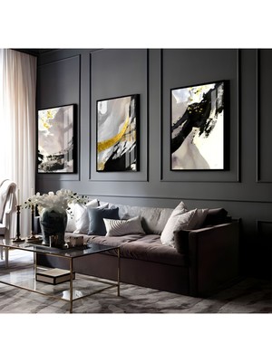 Harikabirev Gri-Gold-Siyah Soyut Abstract Kombini 01|Çerçeveli Cam Tablo 3lü Dikey