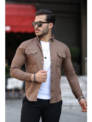 Mero Life Erkek Kahverengi Slim Fit Dar Kesim  Kot Gömlek