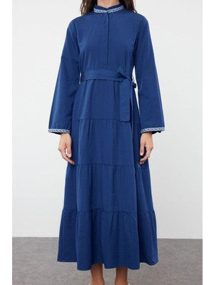 Ersefa Moda Regular Casual Günlük Terrycotton Dokuma Hakim Yaka Uzun Kol A-Line Maxi Boy Tesettür Elbise