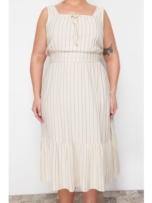 Ersefa Moda Rahat Keten Karışımlı Dokuma Kare Yaka Kısa Kol Eteği Fırfırlı Midi Boy Büyük Beden Elbise