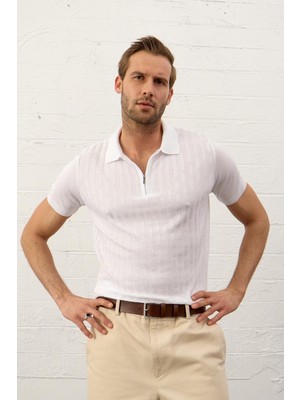 Danger Erkek Fermuarlı Slim-Fit Kalıp Polo Yaka Ince Triko T-Shirt Beyaz - 5011DNGR