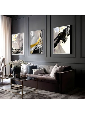 Harikabirev |gri-gold-siyah soyut abstract kombini 01|çerçeveli cam tablo 3lü dikey