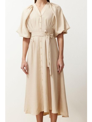 Moda Regular Günlük Keten Görünümlü Dokuma V Yaka Truvakar Kol Kol A-Line Maxi Boy Tesettür Elbise