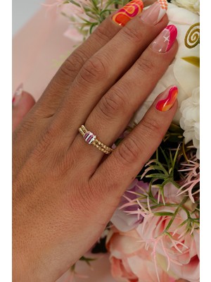 Naze Kuyumculuk 14 Ayar Altın Beyaz Pembe Mineli Dorikalı Yüzük