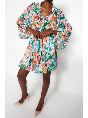 Ersefa Moda Regular Casual Günlük Şifon Dokuma V Yaka Uzun Kol Skater Mini Boy Elbise