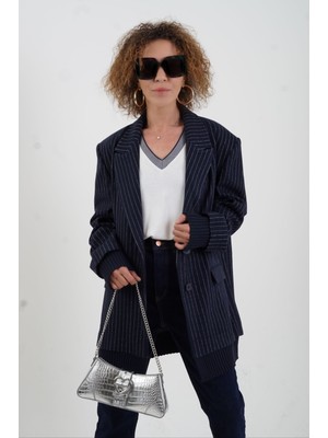 Zelish My Sister Lacivert Triko Detaylı Oversize Blazer Ceket