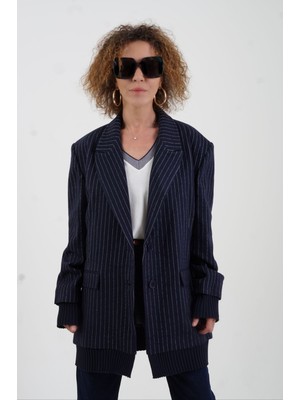 Zelish My Sister Lacivert Triko Detaylı Oversize Blazer Ceket