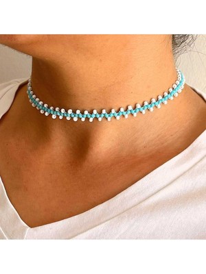 Roe Takı Aksesuar Mavi Beyaz Choker Kum Boncuk Zigzag Kolye