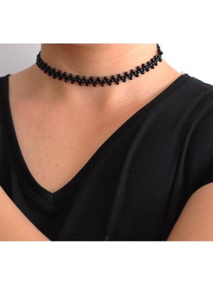 Roe Takı Aksesuar Siyah Choker Kum Boncuk Zigzag Kolye