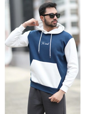 John Borners Erkek Kapüşonlu Sweatshirt Indigo Regularfit 3 İp Şardonlu Baskılı Kanguru Cepli Hoodie - 5338