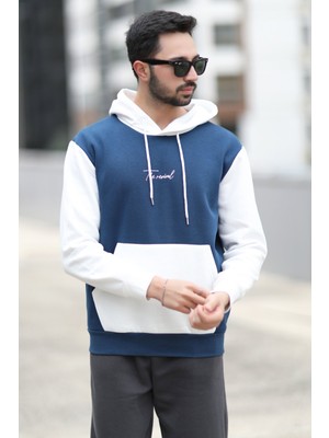 John Borners Erkek Kapüşonlu Sweatshirt Indigo Regularfit 3 İp Şardonlu Baskılı Kanguru Cepli Hoodie - 5338