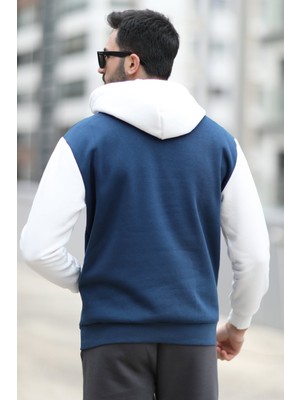 John Borners Erkek Kapüşonlu Sweatshirt Indigo Regularfit 3 İp Şardonlu Baskılı Kanguru Cepli Hoodie - 5338