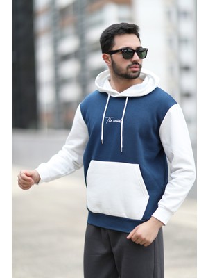 John Borners Erkek Kapüşonlu Sweatshirt Indigo Regularfit 3 İp Şardonlu Baskılı Kanguru Cepli Hoodie - 5338