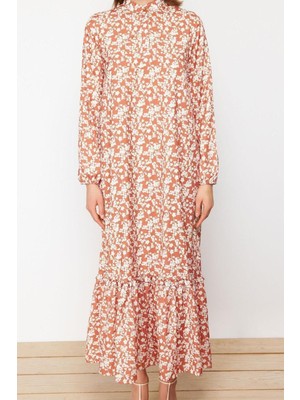 Ersefa  Regular Casual Günlük Queen Crep Dokuma Dik Yaka Uzun Kol A-Line Maxi Boy Tesettür Elbise