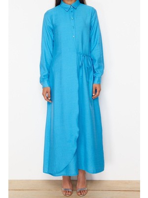 Ersefa  Regular Günlük Keten Aerobin Dokuma Ceket Yaka Uzun Kol Gömlek Elbise Maxi Boy Tesettür Elbise