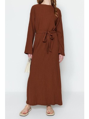 Ersefa  Regular Casual Günlük Crinkle Dokuma Bisiklet Yaka Uzun Kol A-Line Maxi Boy Tesettür Elbise