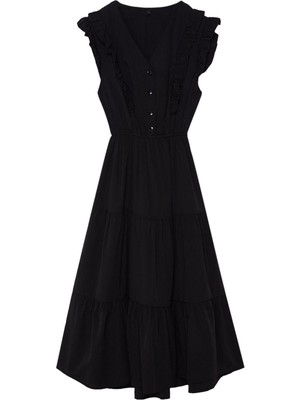 Ersefa  Skater Casual Günlük Terrycotton Dokuma V Yaka Kolsuz Kol Skater Midi Boy Elbise