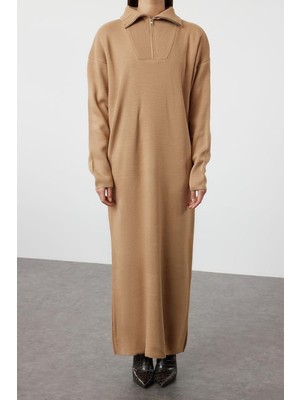 Ersefa  Rahat Casual Günlük Çift Plaka Triko Dik Yaka Uzun Kol Shift Maxi Boy Tesettür Elbise