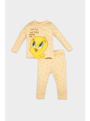 DeFacto Kız Bebek Pijama Takımı Looney Tunes Penye Uzun Kollu Üst Lastikli Alt D8287A5NS