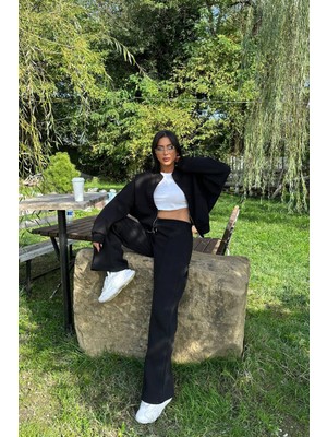 Neşeli Butik Kadın Siyah Fermuarlı Kışlık Salaş Eşofman Takımı NBG026