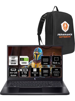 Acer Nitro V 15 Intel Core I5 13420H 40GB 4tb SSD RTX4050/6GB 15.6'' Fhd 144Hz W11P Taşınabilir Bilgisayar & Per4 Çanta NHQNBEY004P405