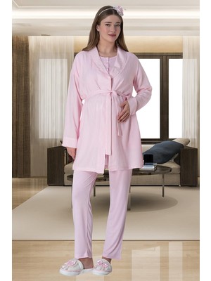 Mecit Pijama Mecit 6001 Pembe Çizgili Sabahlıklı Lohusa Pijama Takımı