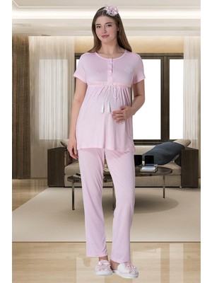 Mecit Pijama Mecit 6001 Pembe Çizgili Sabahlıklı Lohusa Pijama Takımı