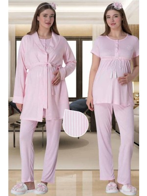 Mecit Pijama Mecit 6001 Pembe Çizgili Sabahlıklı Lohusa Pijama Takımı