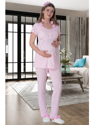 Mecit Pijama Mecit 6000 Pembe Dantel Sabahlıklı Lohusa Pijama Takımı