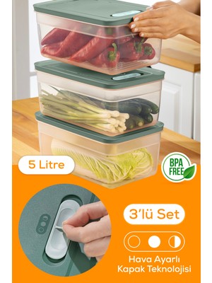 Vienev 3lü Ayarlı Sebze ve Meyve Saklama Kabı Yeşil 5 Litre