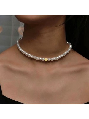 Roe Takı Aksesuar Inci Kolye Choker Altın Renk Kararmaz Kalp Detaylı Kolye