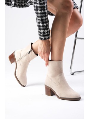 Mio Gusto Amory  Bej Renk Fermuarlı, Ince  Kürk Astarlı Kalın Topuklu Kadın Bot