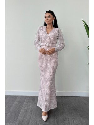 Kareli Payet Kumaş Kruvaze Yaka Elbise - Pudra