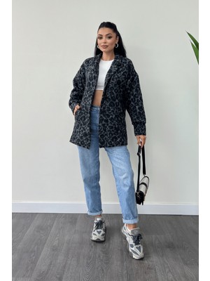 Giyimmasalı Leopar Desenli Kaşe Kumaş Kaban - Siyah
